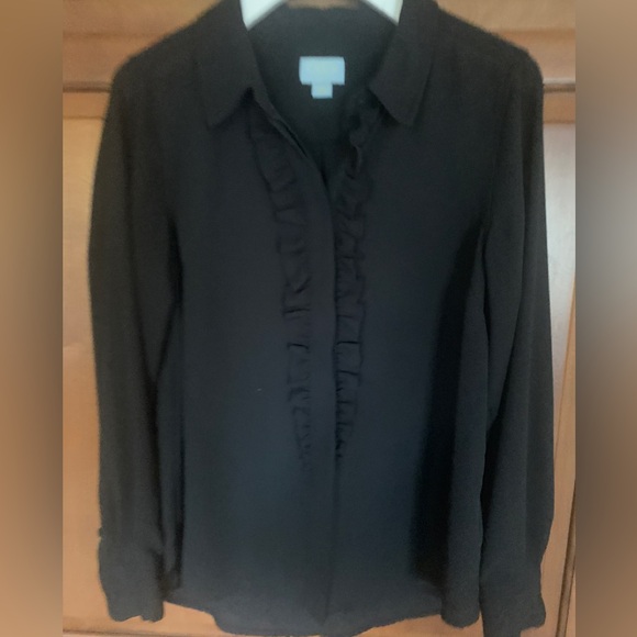 CeCe by Cynthia Steffe Black Ruffle Long Sleeve Button Front Top - Picture 2 of 6